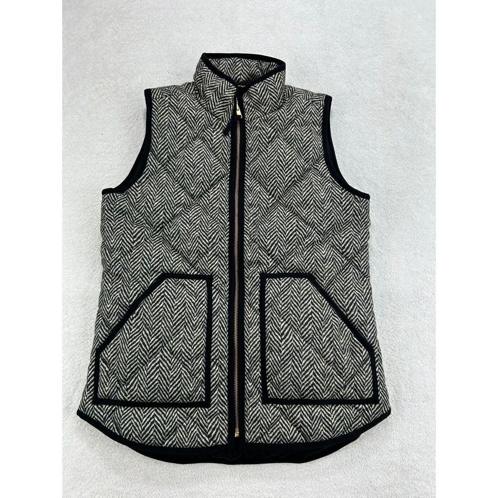 J Crew Vest‎ Women 2XS Black Beige Herringbone Quilted Fishtail Pockets